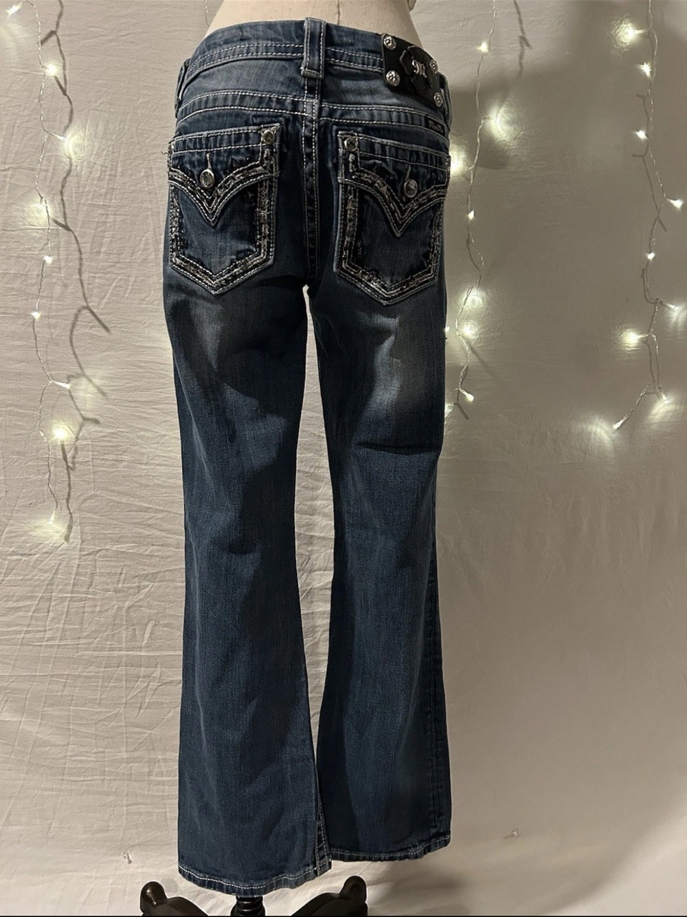 Miss Me Women's Boot Cut Jeans in Dark Wash with Embellished Back Pockets
